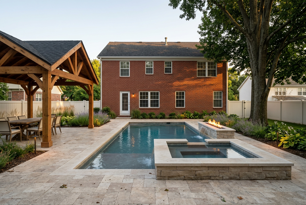 Same Westfield Indiana estate backyard after Ridgewater build — pool, cedar pavilion, fire feature, outdoor kitchen